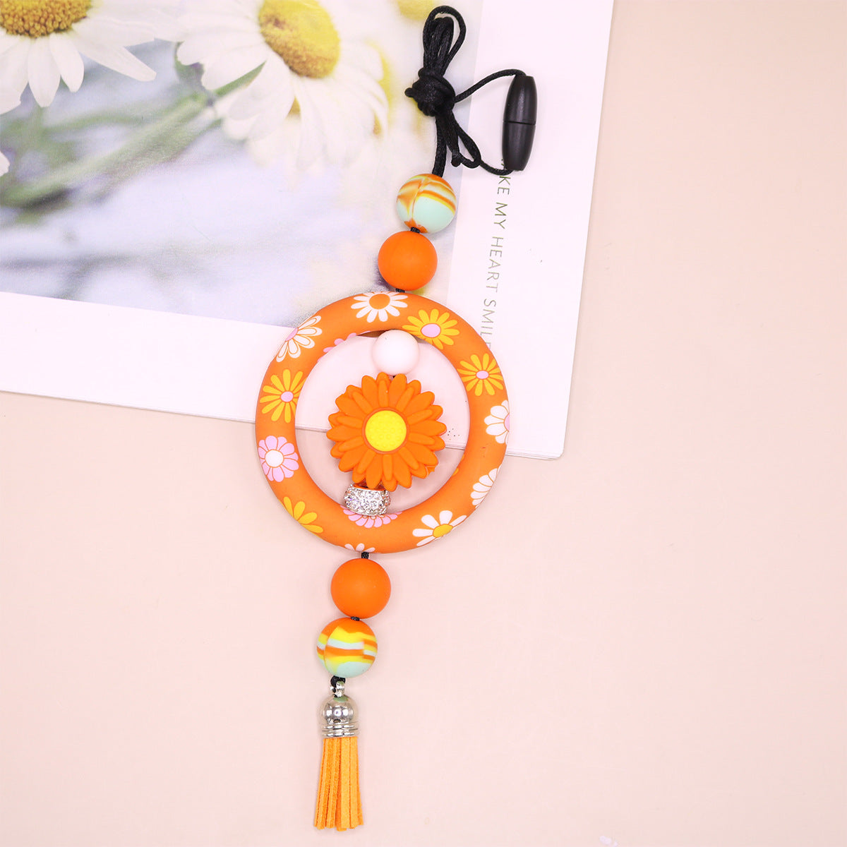 Wholesale Silicone Ring Keychain Christmas Cow Head Cross Flower Bead Pendant